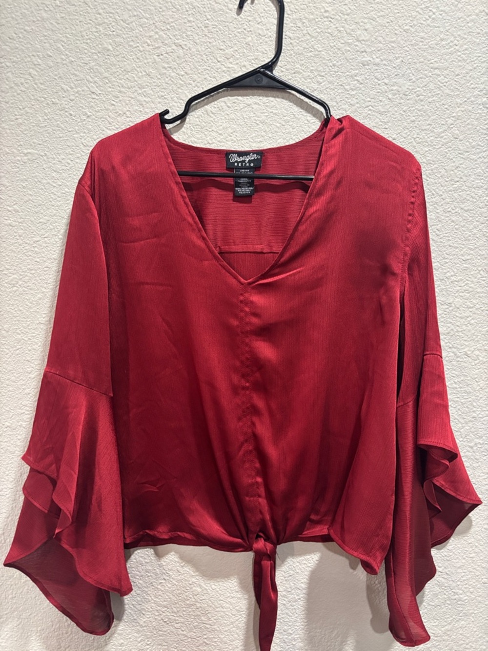 Wrangler Deep Red V-Neck Tie-Front Blouse with Layered Bell Sleeves